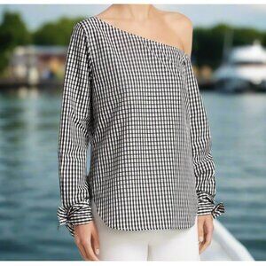 Theory One Shoulder Cotton-Silk Shirt Womens XS-P Blue Gingham Lightweight Top